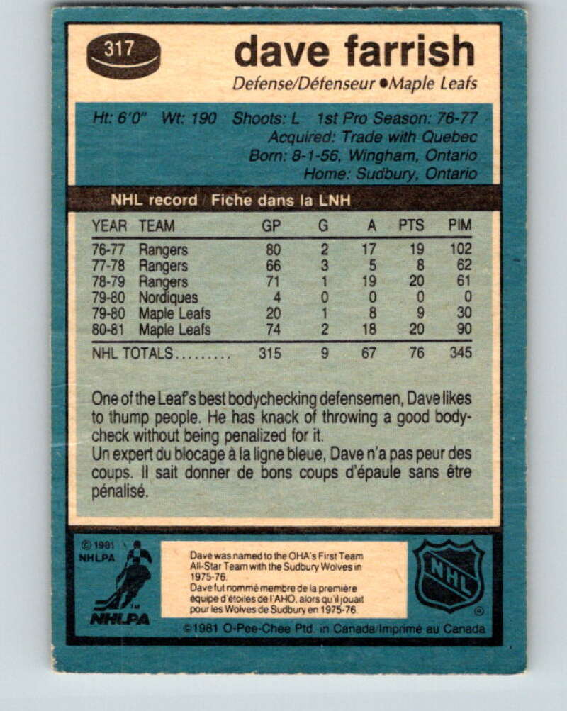 1981-82 O-Pee-Chee #317 Dave Farrish Toronto Maple Leafs V31731