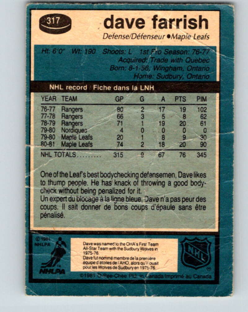 1981-82 O-Pee-Chee #317 Dave Farrish Toronto Maple Leafs V31732