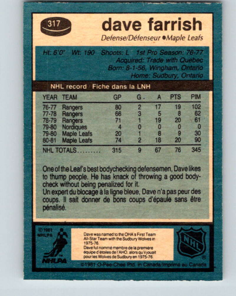 1981-82 O-Pee-Chee #317 Dave Farrish Toronto Maple Leafs V31736