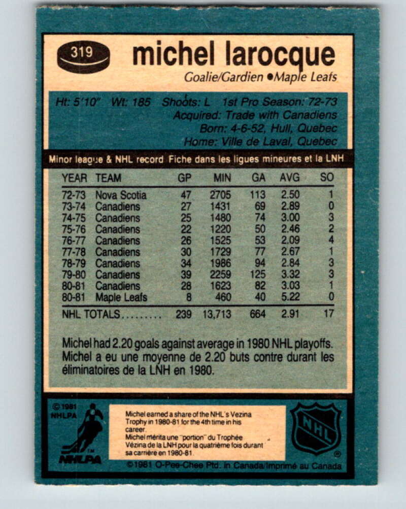1981-82 O-Pee-Chee #319 Michel Larocque Toronto Maple Leafs V31747