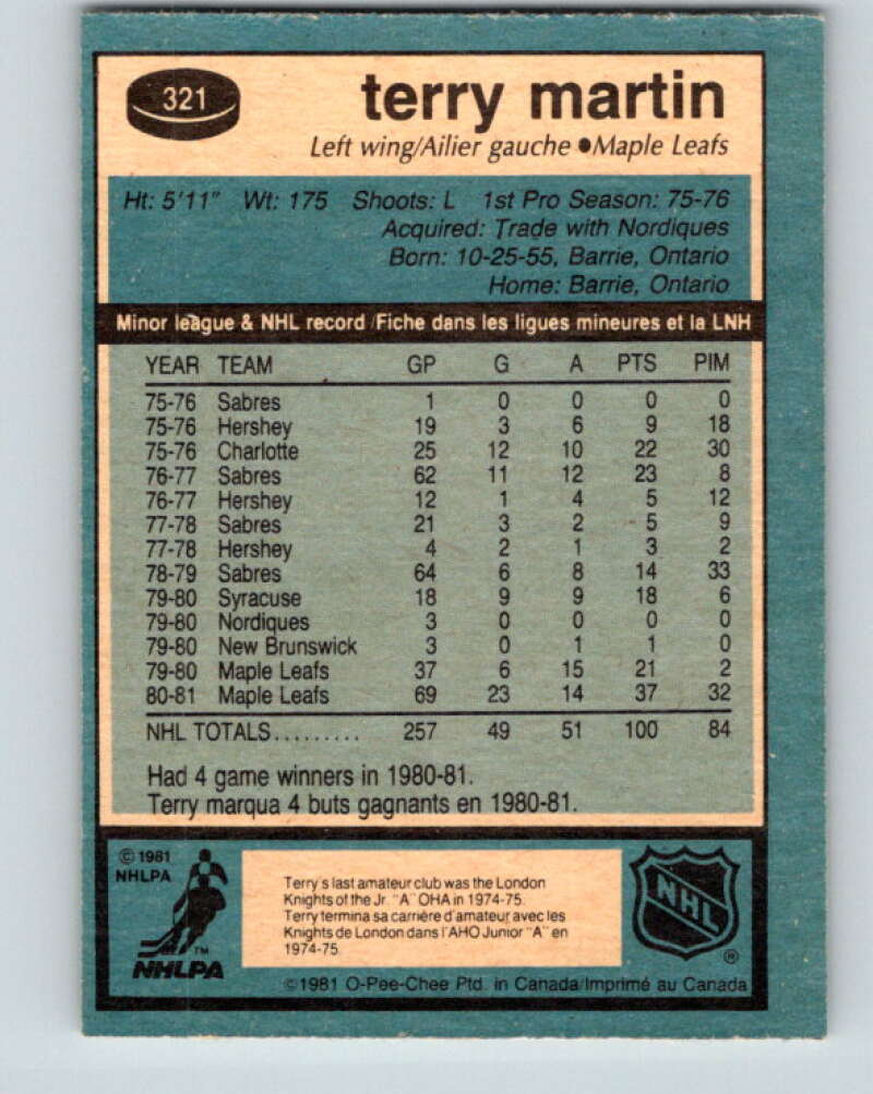 1981-82 O-Pee-Chee #321 Terry Martin Toronto Maple Leafs V31757
