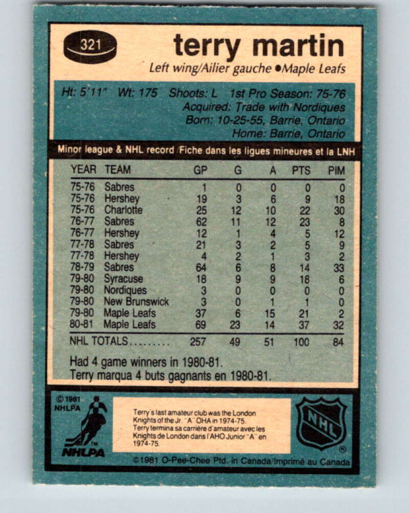 1981-82 O-Pee-Chee #321 Terry Martin Toronto Maple Leafs V31761