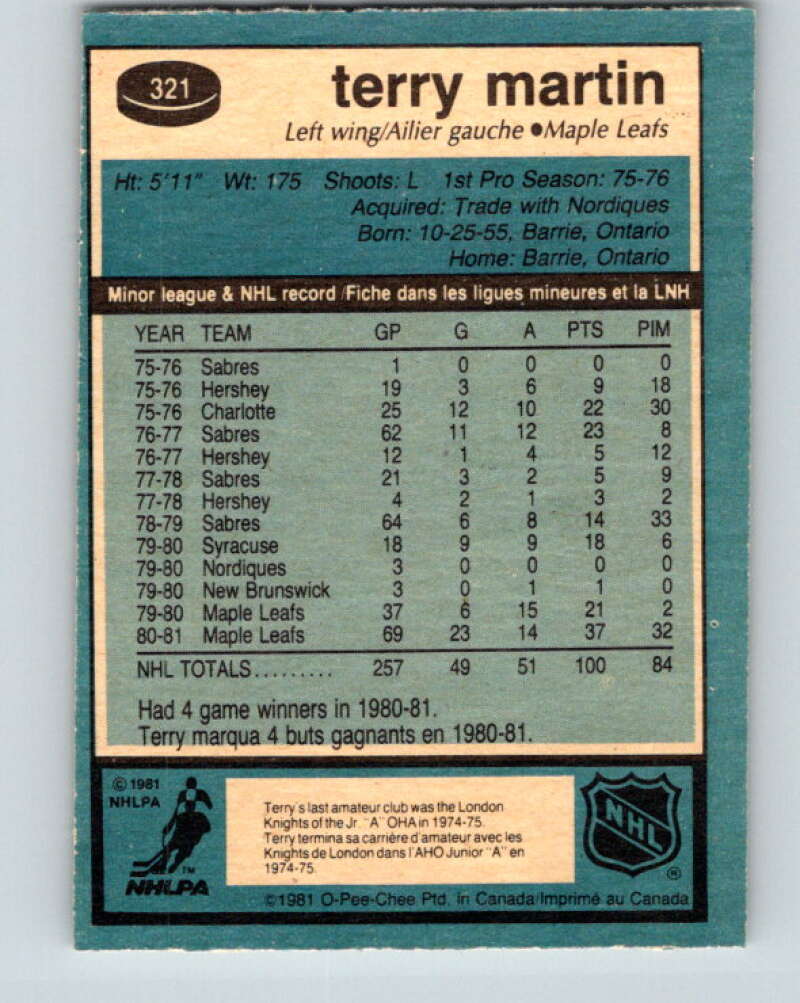 1981-82 O-Pee-Chee #321 Terry Martin Toronto Maple Leafs V31762