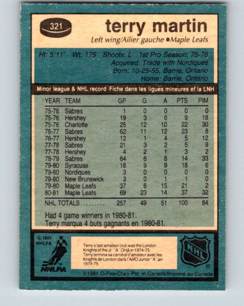1981-82 O-Pee-Chee #321 Terry Martin Toronto Maple Leafs V31763
