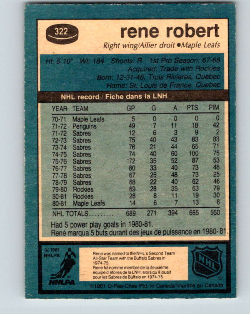 1981-82 O-Pee-Chee #322 Rene Robert Toronto Maple Leafs V31772