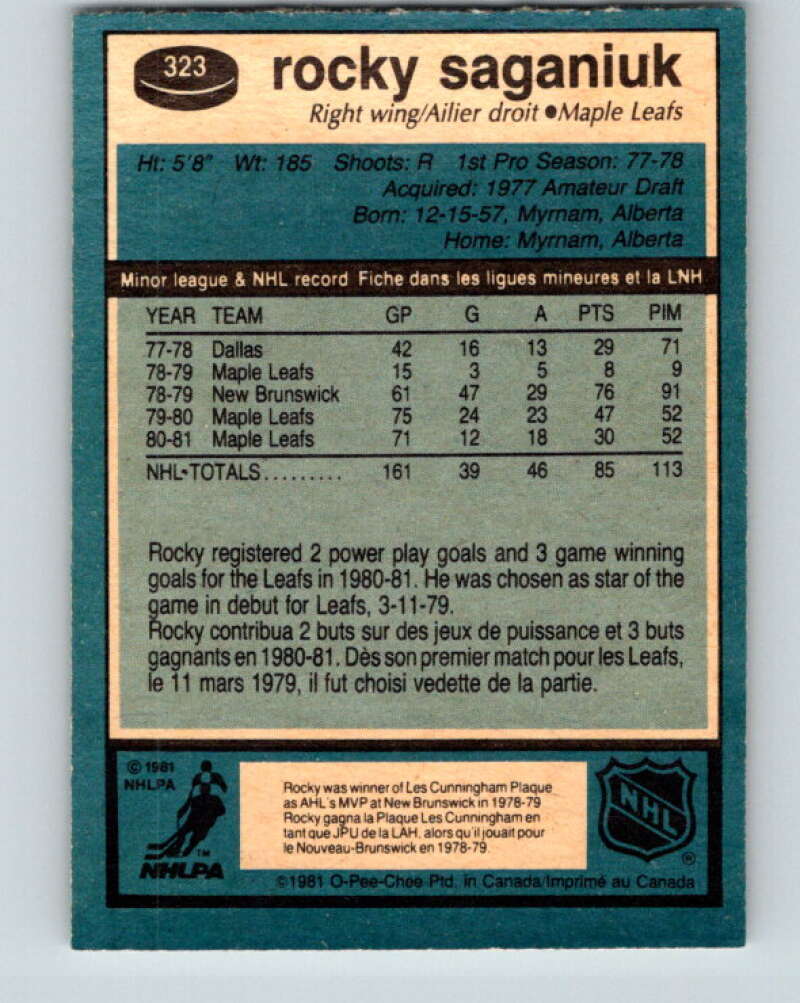 1981-82 O-Pee-Chee #323 Rocky Saganiuk Toronto Maple Leafs V31775