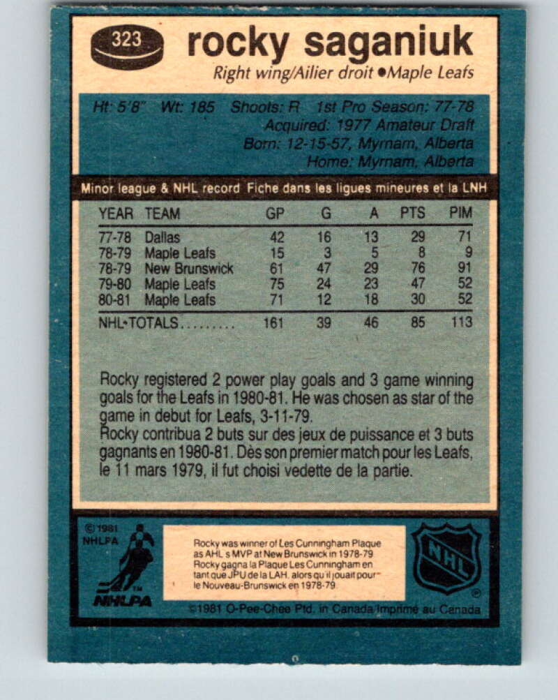 1981-82 O-Pee-Chee #323 Rocky Saganiuk Toronto Maple Leafs V31776