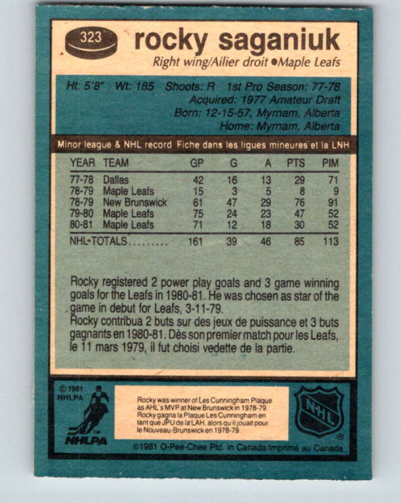 1981-82 O-Pee-Chee #323 Rocky Saganiuk Toronto Maple Leafs V31777