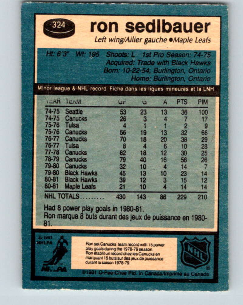 1981-82 O-Pee-Chee #324 Ron Sedlbauer Toronto Maple Leafs V31781