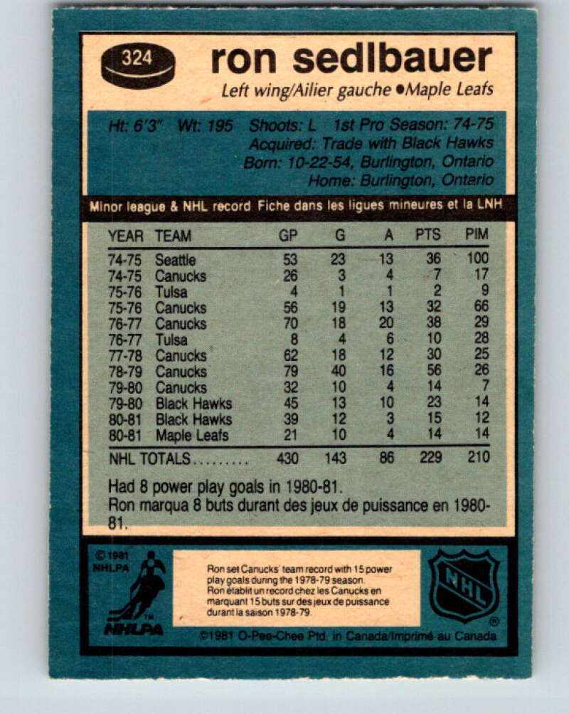 1981-82 O-Pee-Chee #324 Ron Sedlbauer Toronto Maple Leafs V31782