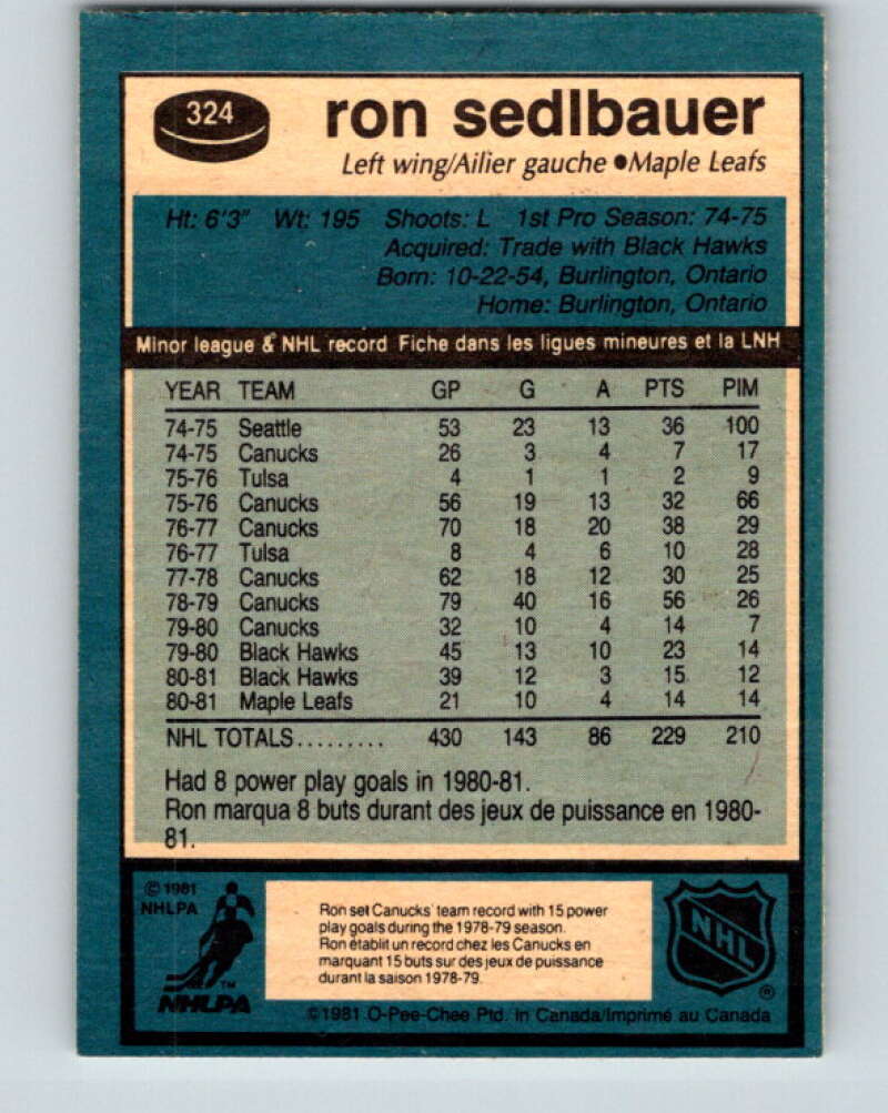 1981-82 O-Pee-Chee #324 Ron Sedlbauer Toronto Maple Leafs V31783
