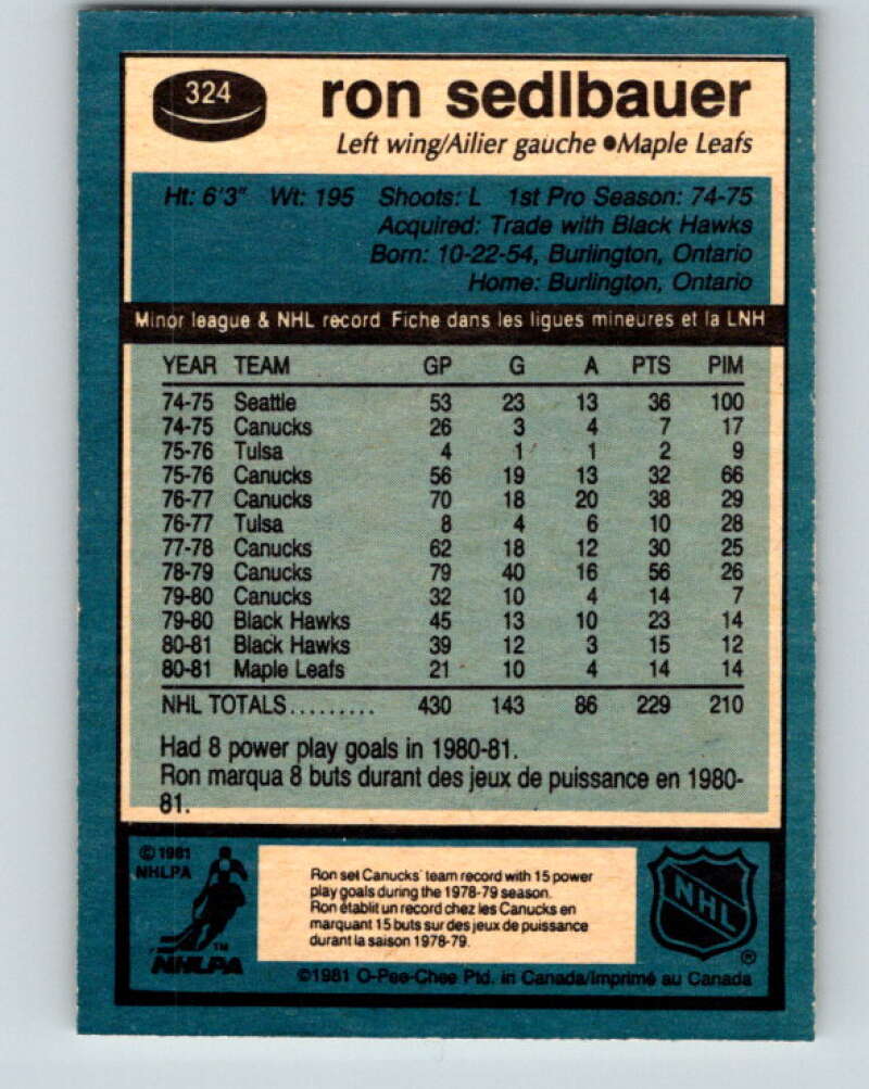 1981-82 O-Pee-Chee #324 Ron Sedlbauer Toronto Maple Leafs V31784