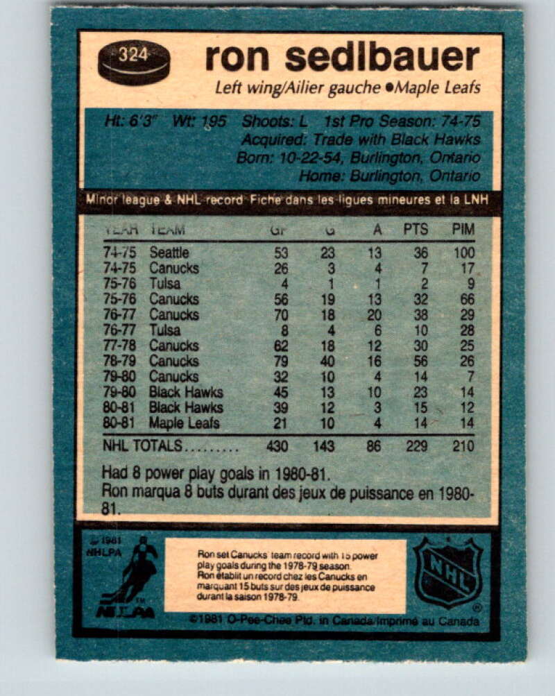 1981-82 O-Pee-Chee #324 Ron Sedlbauer Toronto Maple Leafs V31785