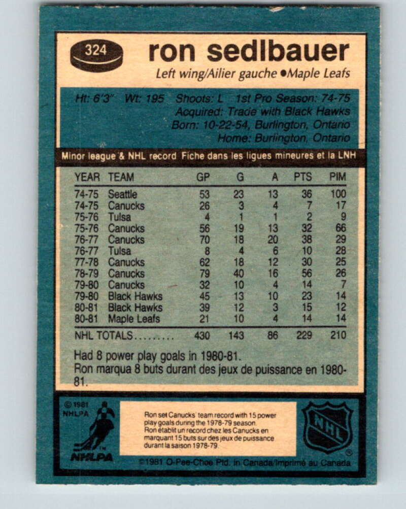 1981-82 O-Pee-Chee #324 Ron Sedlbauer Toronto Maple Leafs V31786