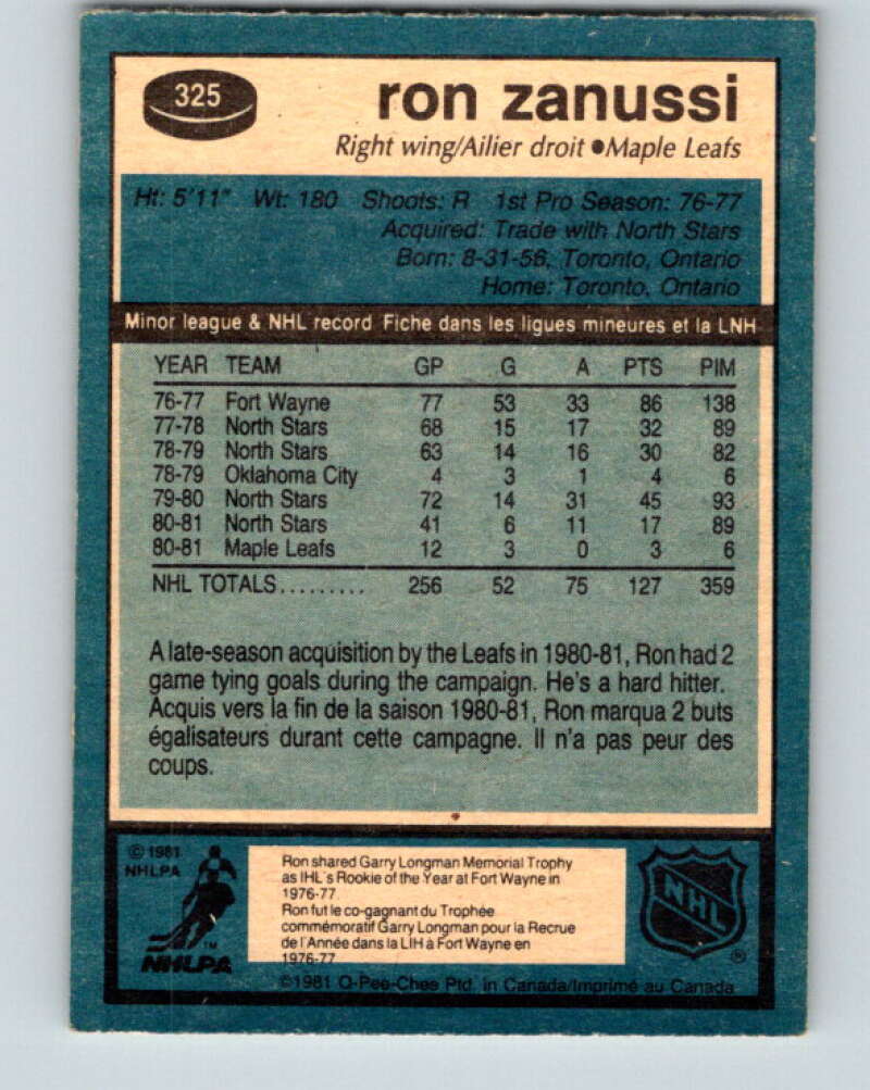 1981-82 O-Pee-Chee #325 Ron Zanussi Toronto Maple Leafs V31787