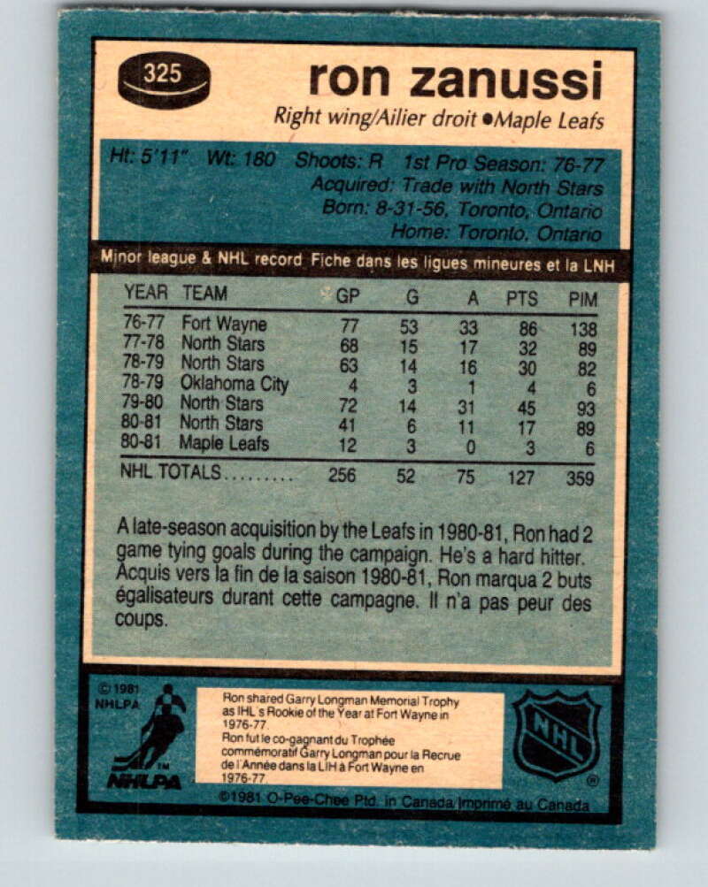1981-82 O-Pee-Chee #325 Ron Zanussi Toronto Maple Leafs V31789