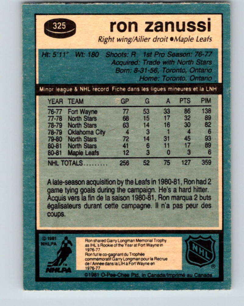 1981-82 O-Pee-Chee #325 Ron Zanussi Toronto Maple Leafs V31790