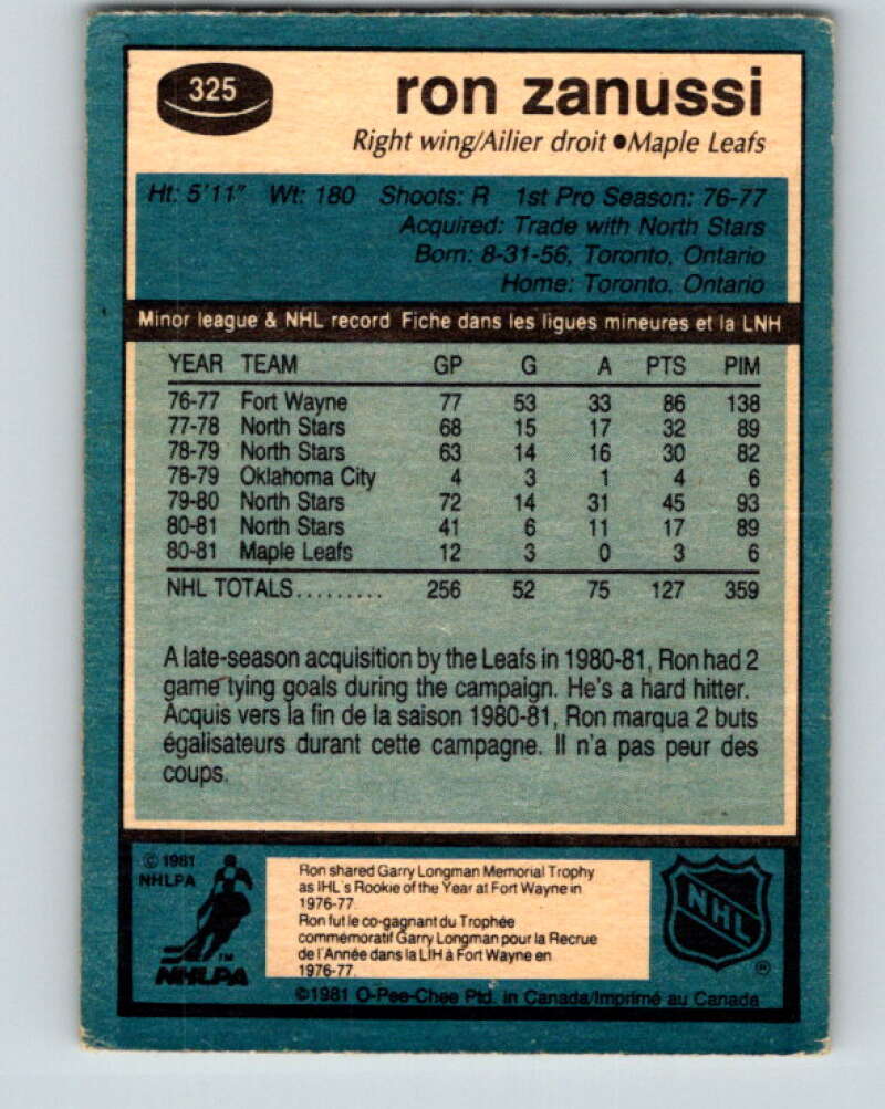 1981-82 O-Pee-Chee #325 Ron Zanussi Toronto Maple Leafs V31792