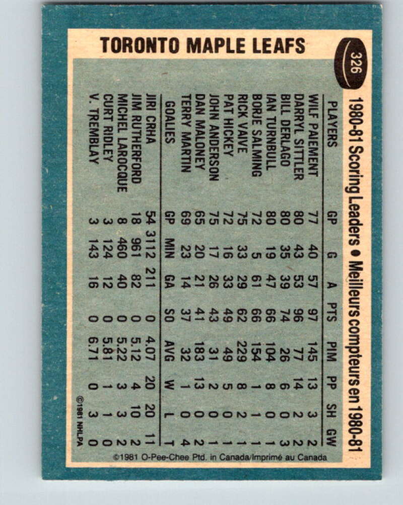 1981-82 O-Pee-Chee #326 Wilf Paiement TL Toronto Maple Leafs V31793