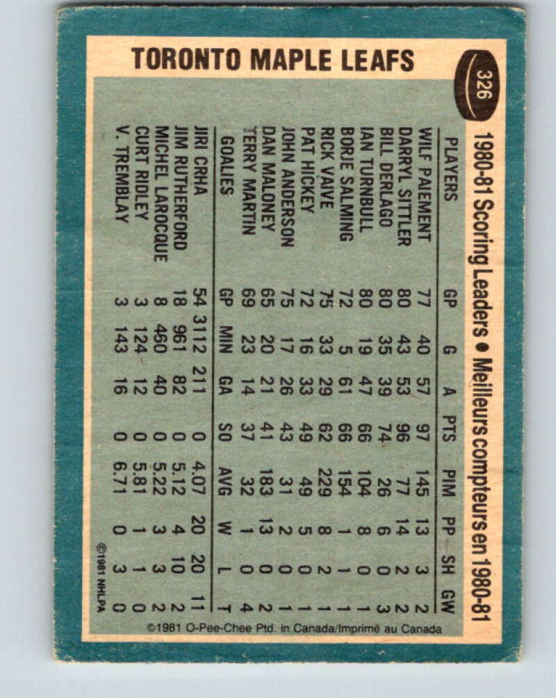 1981-82 O-Pee-Chee #326 Wilf Paiement TL Toronto Maple Leafs V31795