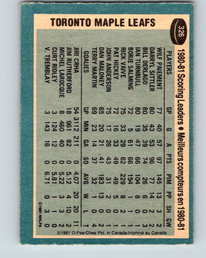 1981-82 O-Pee-Chee #326 Wilf Paiement TL Toronto Maple Leafs V31799