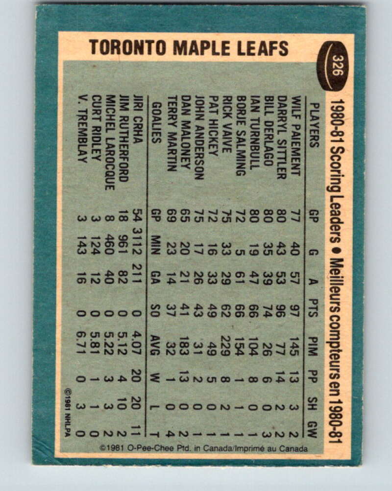 1981-82 O-Pee-Chee #326 Wilf Paiement TL Toronto Maple Leafs V31801