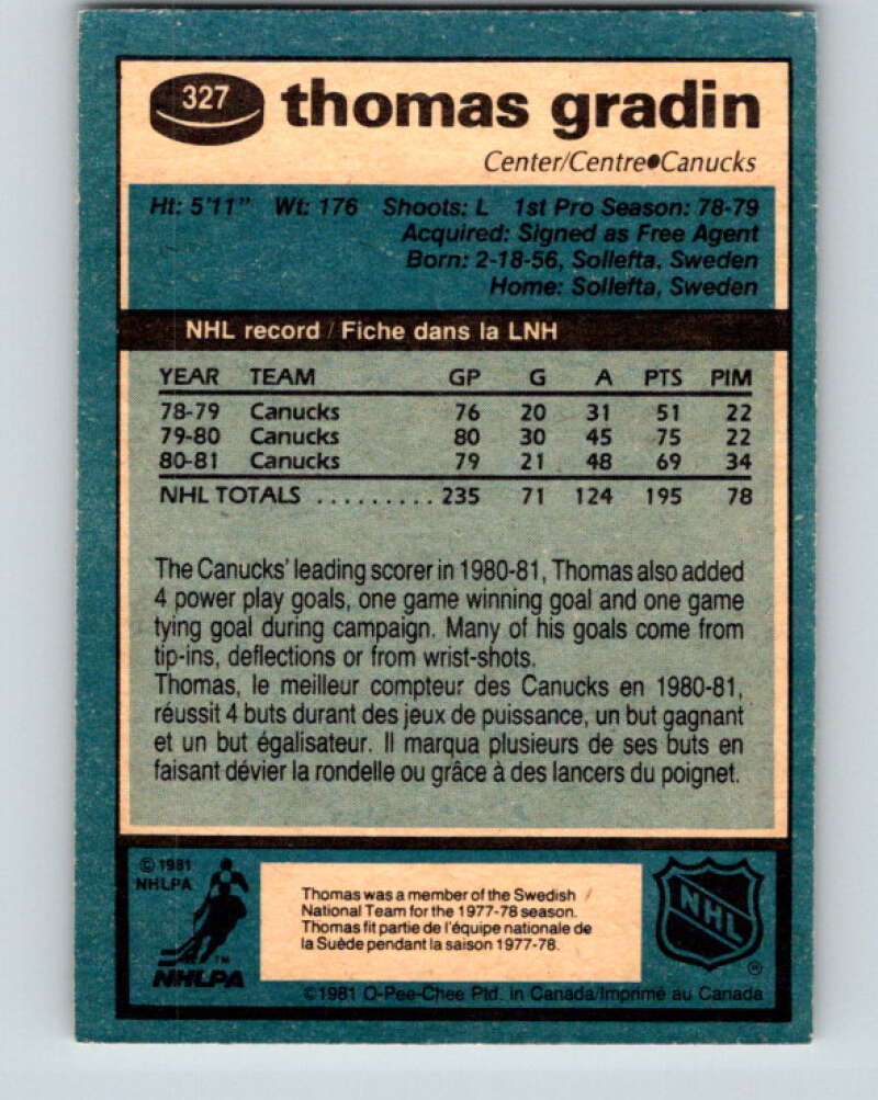 1981-82 O-Pee-Chee #327 Thomas Gradin Vancouver Canucks V31804