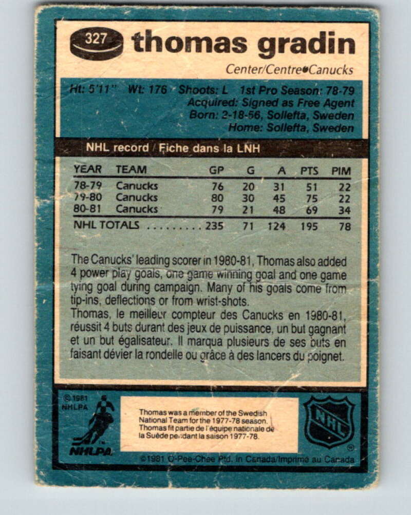 1981-82 O-Pee-Chee #327 Thomas Gradin Vancouver Canucks V31806