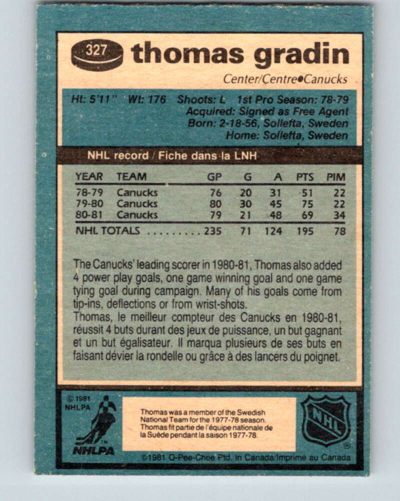 1981-82 O-Pee-Chee #327 Thomas Gradin Vancouver Canucks V31808