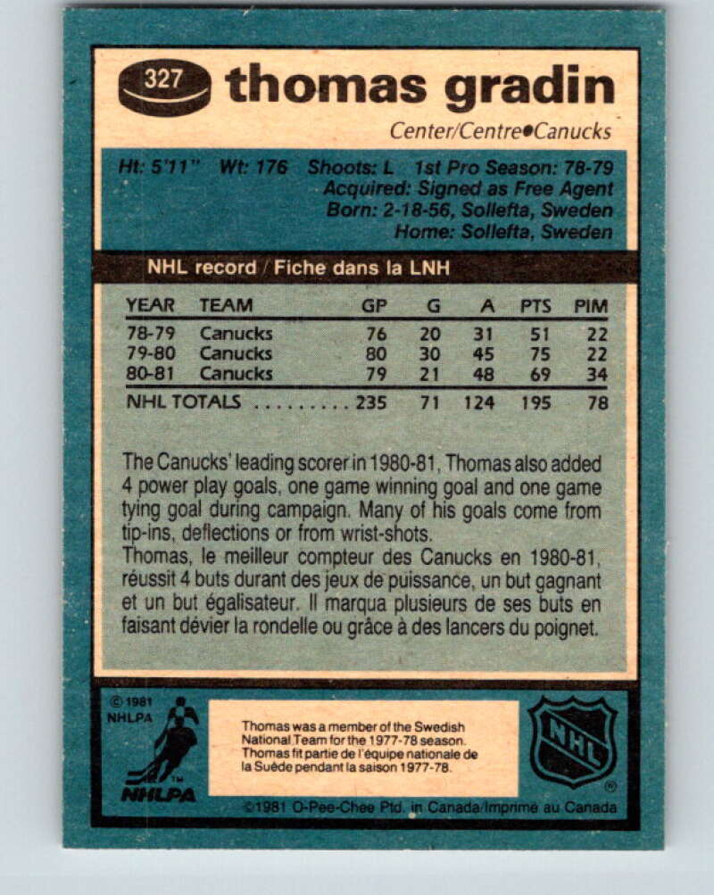 1981-82 O-Pee-Chee #327 Thomas Gradin Vancouver Canucks V31809