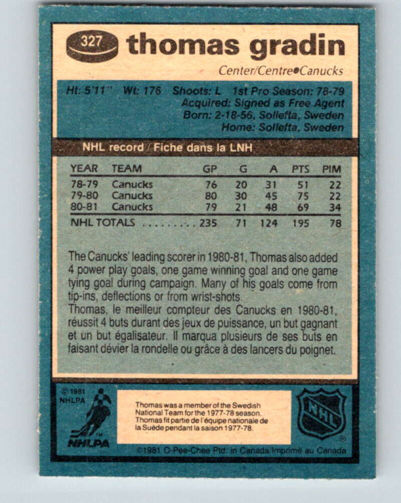 1981-82 O-Pee-Chee #327 Thomas Gradin Vancouver Canucks V31810