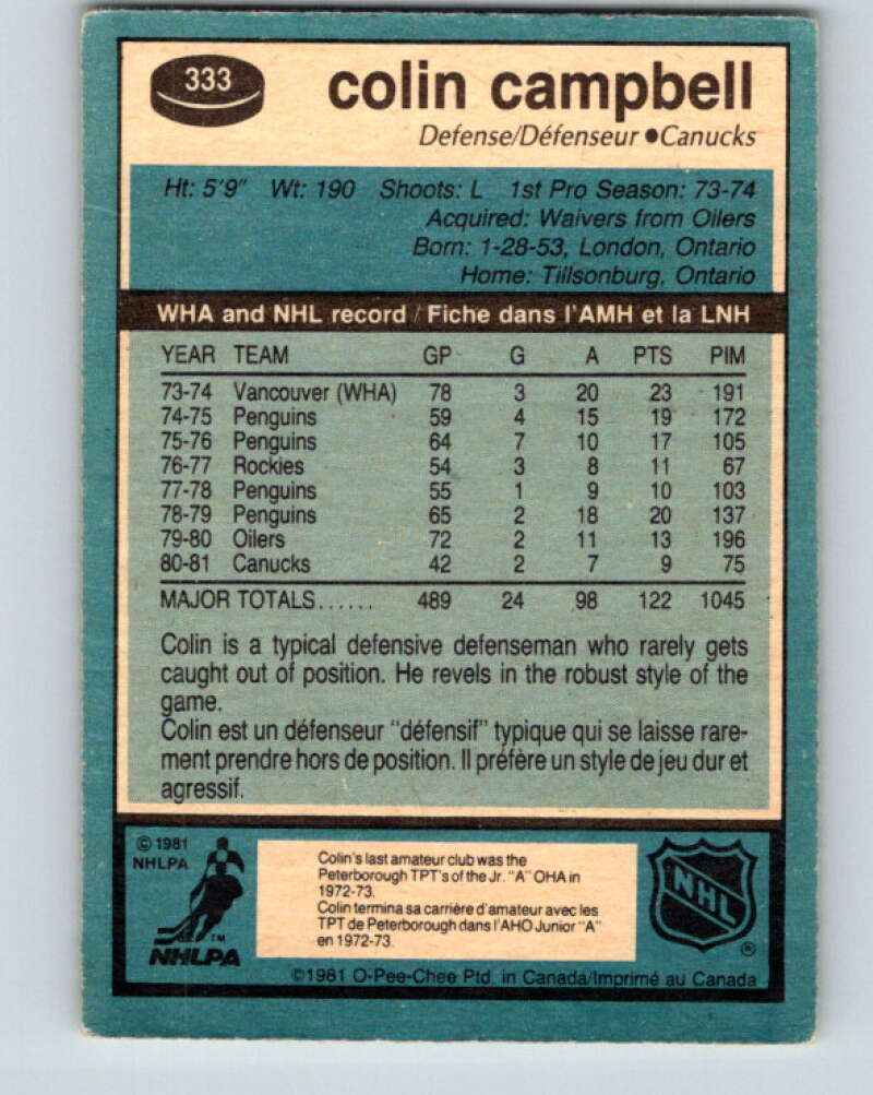 1981-82 O-Pee-Chee #333 Colin Campbell Vancouver Canucks V31839