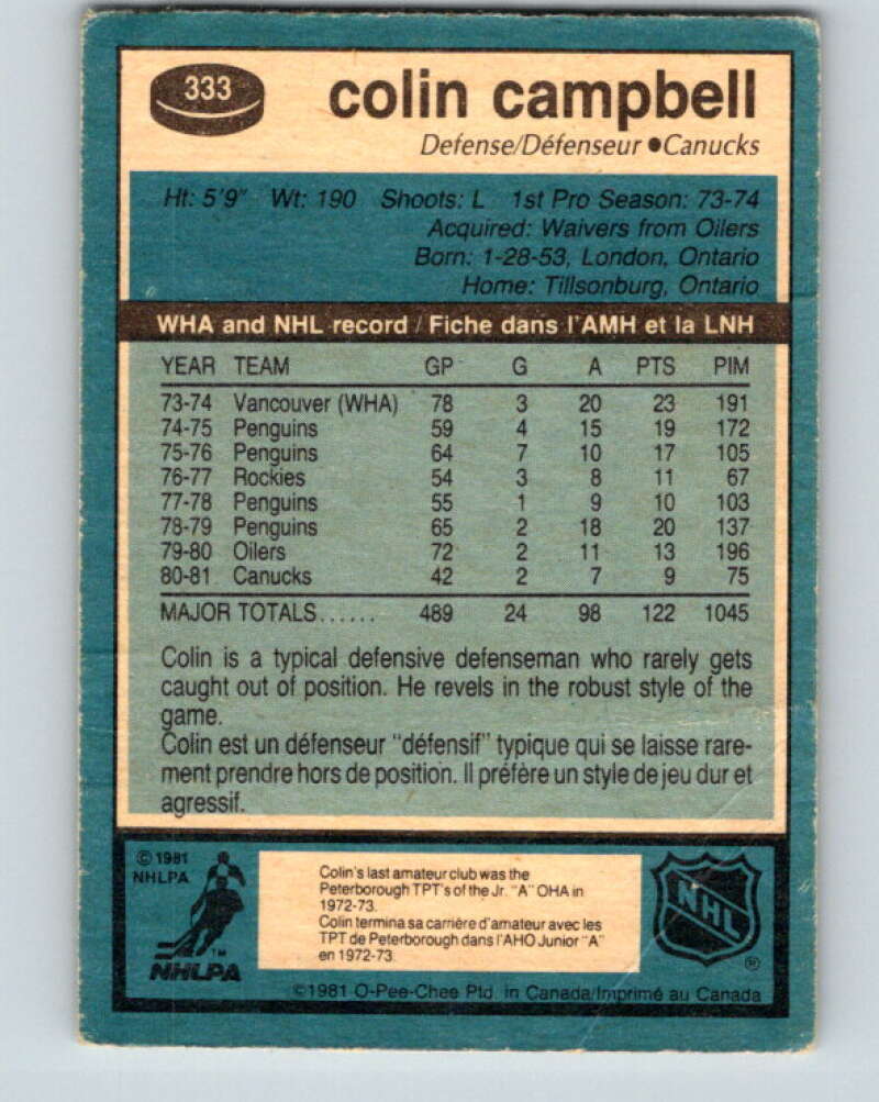 1981-82 O-Pee-Chee #333 Colin Campbell Vancouver Canucks V31841
