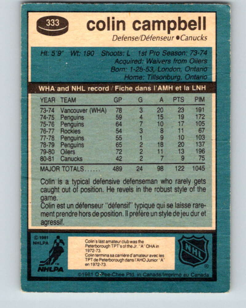 1981-82 O-Pee-Chee #333 Colin Campbell Vancouver Canucks V31843