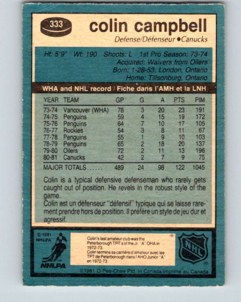 1981-82 O-Pee-Chee #333 Colin Campbell Vancouver Canucks V31846