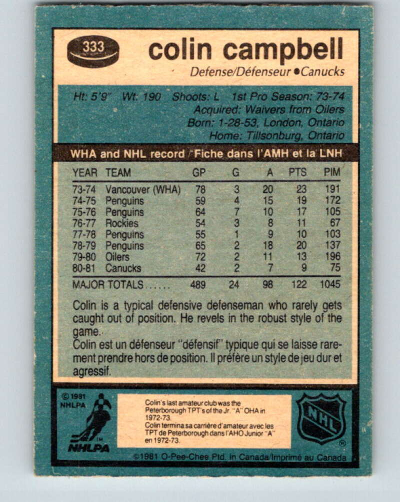 1981-82 O-Pee-Chee #333 Colin Campbell Vancouver Canucks V31847