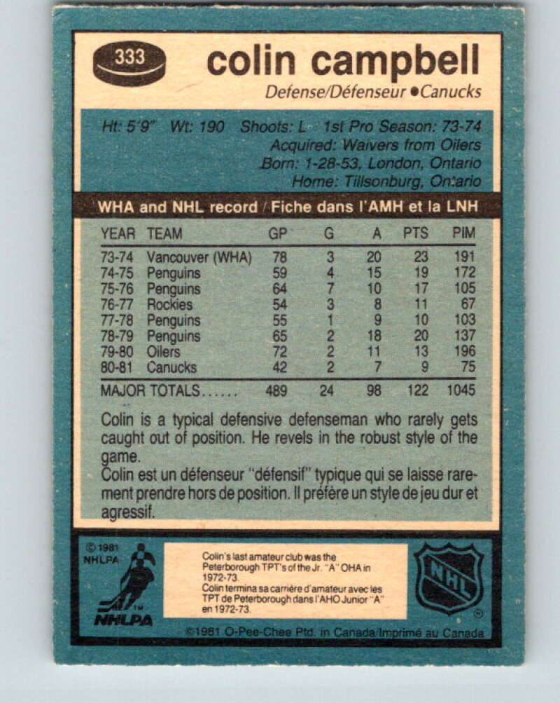 1981-82 O-Pee-Chee #333 Colin Campbell Vancouver Canucks V31849
