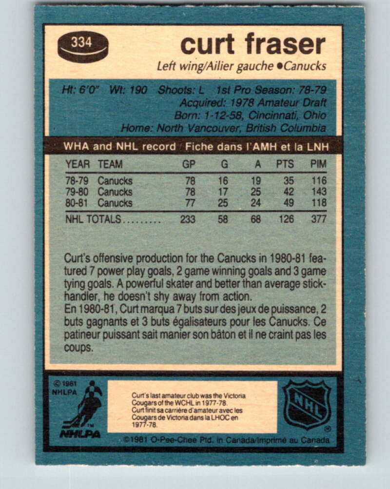 1981-82 O-Pee-Chee #334 Curt Fraser Vancouver Canucks V31853
