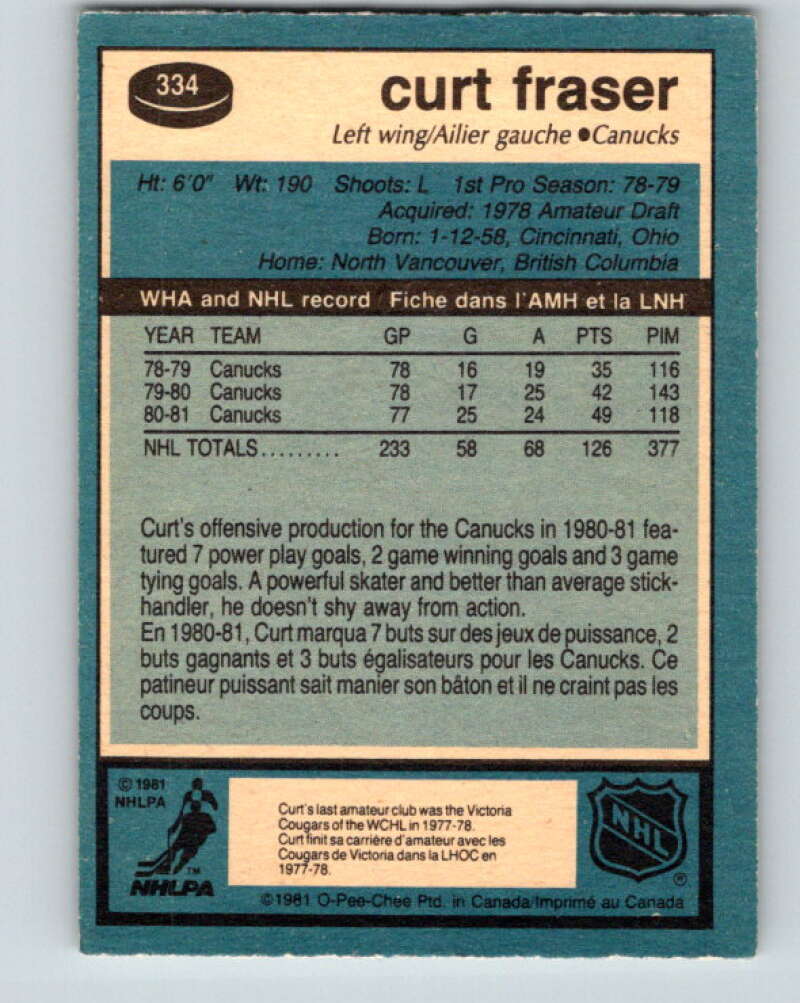 1981-82 O-Pee-Chee #334 Curt Fraser Vancouver Canucks V31855