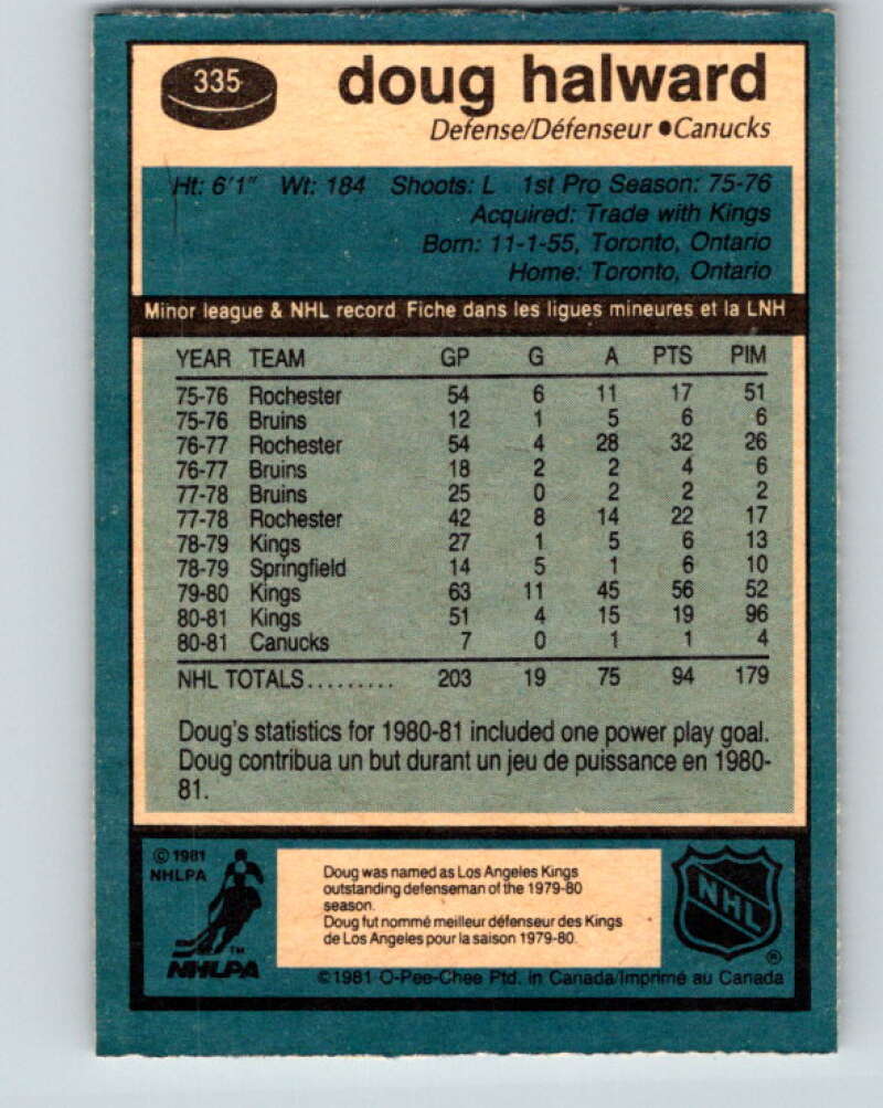 1981-82 O-Pee-Chee #335 Doug Halward Vancouver Canucks V31856