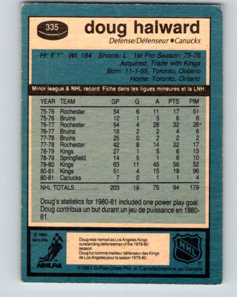 1981-82 O-Pee-Chee #335 Doug Halward Vancouver Canucks V31859