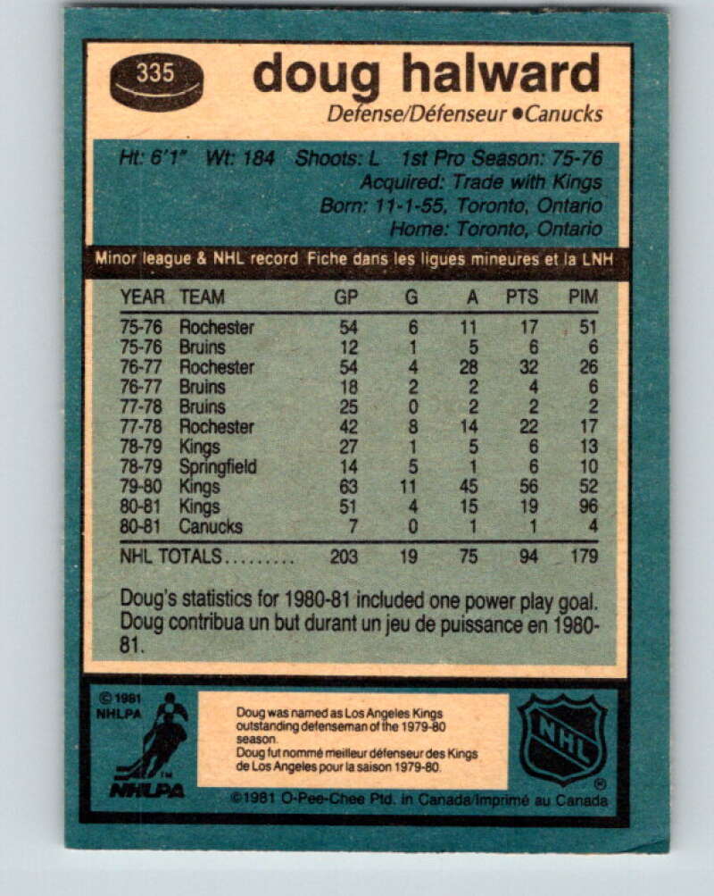 1981-82 O-Pee-Chee #335 Doug Halward Vancouver Canucks V31860