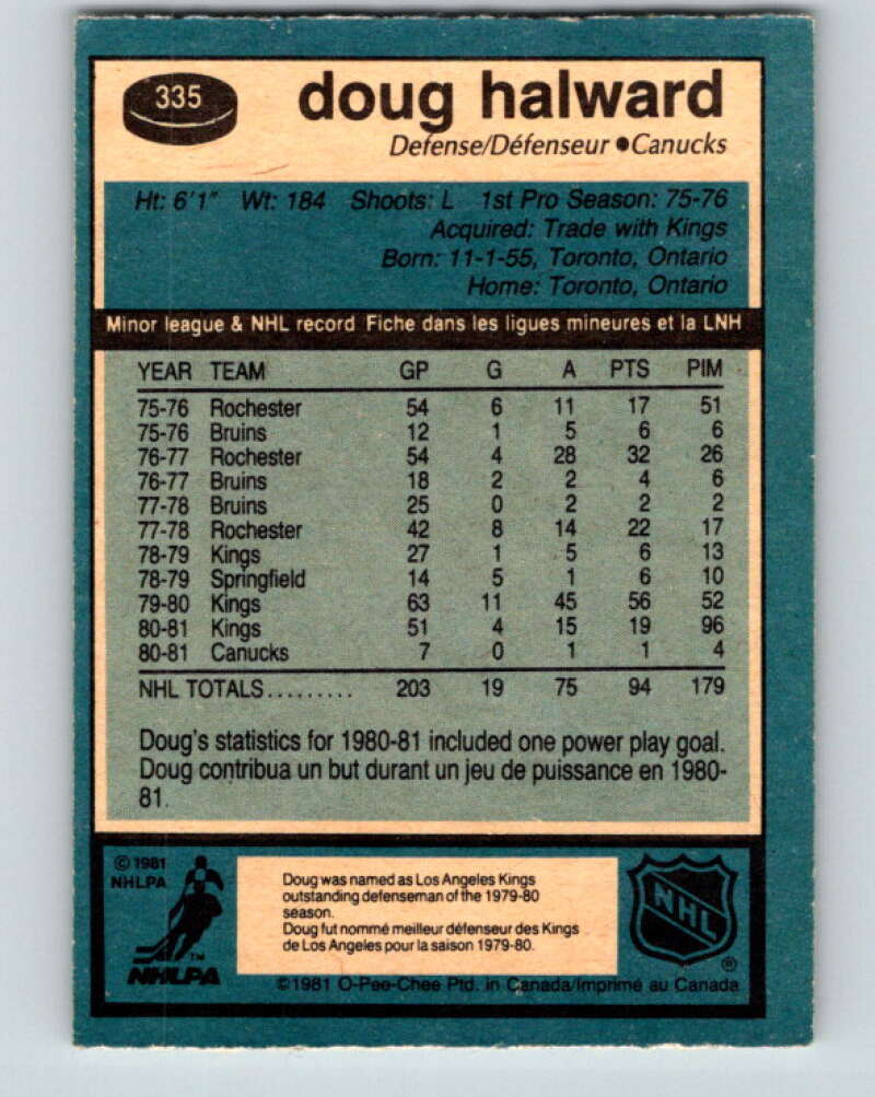 1981-82 O-Pee-Chee #335 Doug Halward Vancouver Canucks V31861