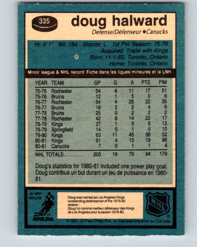 1981-82 O-Pee-Chee #335 Doug Halward Vancouver Canucks V31863