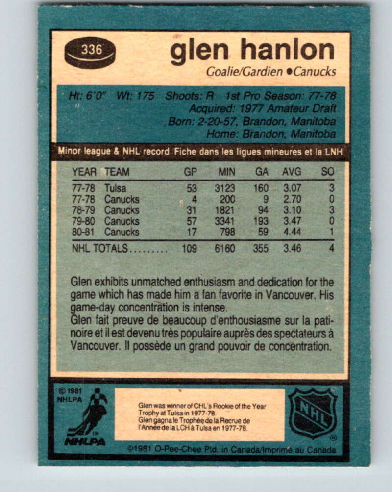 1981-82 O-Pee-Chee #336 Glen Hanlon Vancouver Canucks V31867