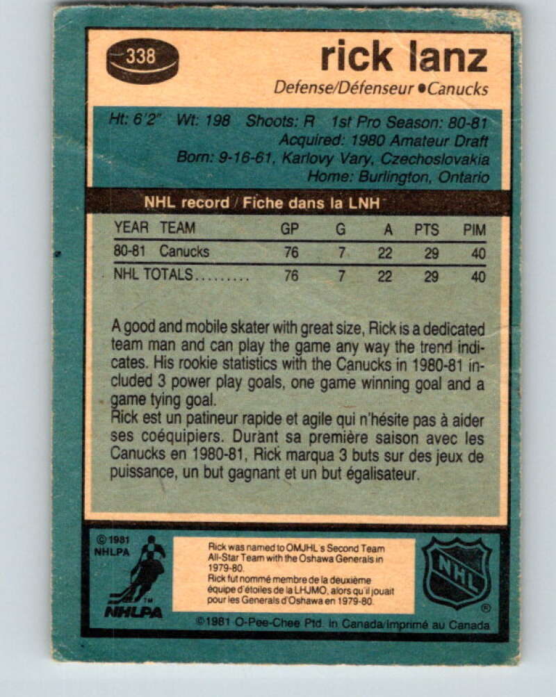 1981-82 O-Pee-Chee #338 Rick Lanz UER RC Rookie Canucks V31884