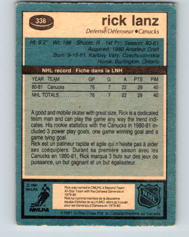 1981-82 O-Pee-Chee #338 Rick Lanz UER RC Rookie Canucks V31885