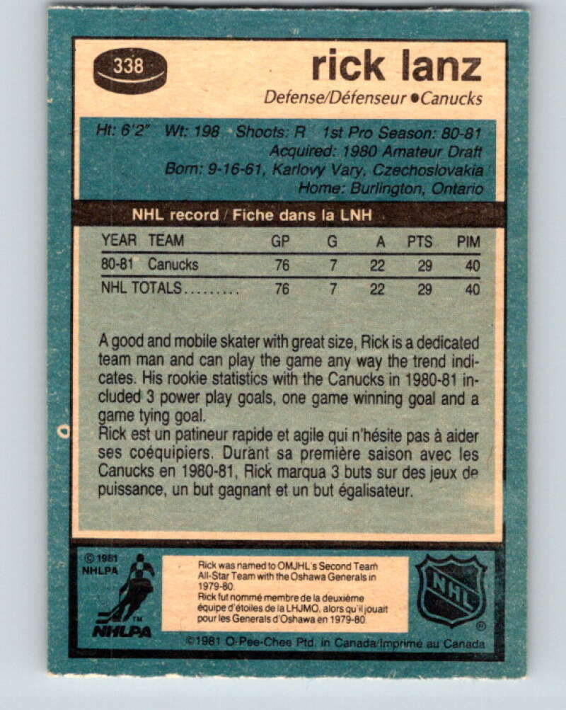 1981-82 O-Pee-Chee #338 Rick Lanz UER RC Rookie Canucks V31886
