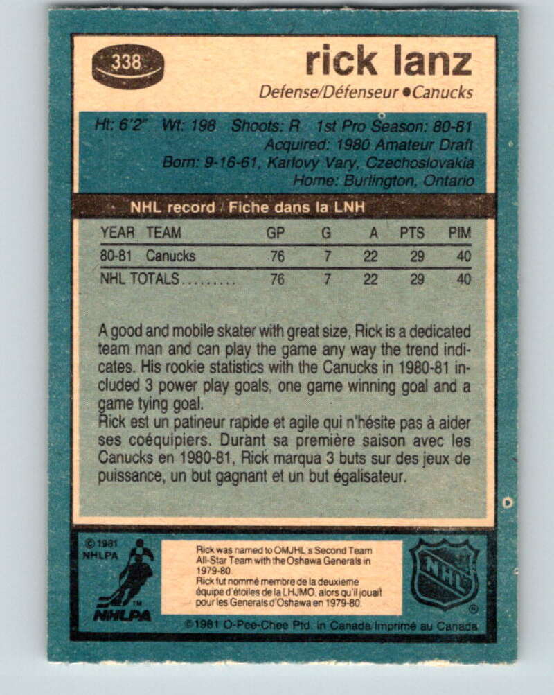 1981-82 O-Pee-Chee #338 Rick Lanz UER RC Rookie Canucks V31887