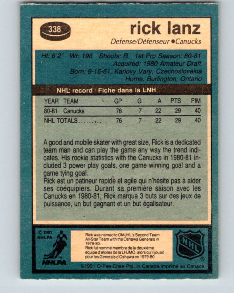 1981-82 O-Pee-Chee #338 Rick Lanz UER RC Rookie Canucks V31888